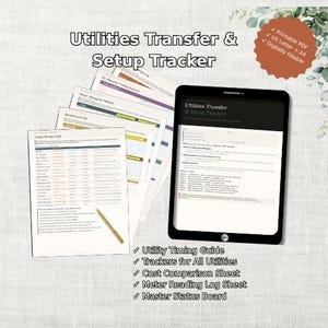 Może przedstawiać: Cyfrowy planer Utilities Transfer & Setup Tracker wyświetlony na ekranie tabletu obok kilku wydrukowanych stron z tabelami dla prądu, gazu, wody i ścieków oraz złotym długopisem, służący do zarządzania usługami komunalnymi w domu.