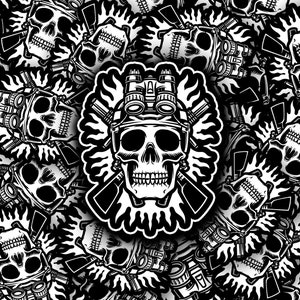 May include: Black and white seamless pattern featuring a skull wearing a helmet with night vision goggles and holding two rifles. The skull is surrounded by flames and the pattern repeats.