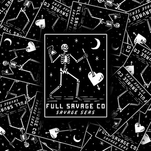 May include: Black and white sticker featuring a skeleton playing a heart-shaped instrument pierced by an arrow. The design includes a crescent moon, stars, and the text "FULL SAVAGE CO SAVAGE SEAS". Other stickers with similar designs are scattered around.