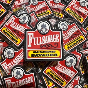 May include: A close-up of several red and black embroidered patches with the text "Full Savage" and "Old Fashioned Savages".