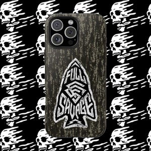 May include: A black and green camouflage phone case with a white graphic of an arrow with the text "FULL SAVAGE" inside.