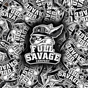 May include: A black and white graphic design of a wolf wearing sunglasses and a hat with the text "Full Savage Company" repeated throughout the image.