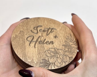 Personalize Round Wooden Ring Box, Wooden Ring Box, Engrave Wooden Ring Box, Ring Box for Proposal, Wedding Proposal, Custom RingBox