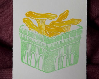 Chantarelle Mushrooms Basket Print | Original Block Print | Hand Carved & Printed