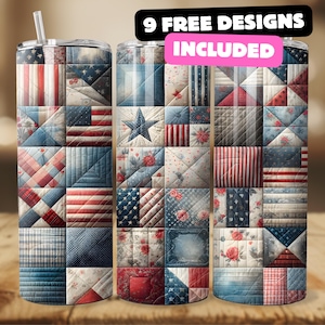 Può includere: Tre bicchieri in acciaio inossidabile con disegni di trapunte patriottiche. Ogni bicchiere presenta un diverso motivo patchwork con elementi rossi, bianchi e blu, tra cui stelle, strisce e accenti floreali. Il testo "9 FREE DESIGNS INCLUDED" è visualizzato in alto.