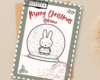 Personalized Christmas Miffy Greeting Card - Vintage Christmas Stamp Design-Custom Name Miffy Card - Bunny Miffy Christmas Gift - Miffy Gift