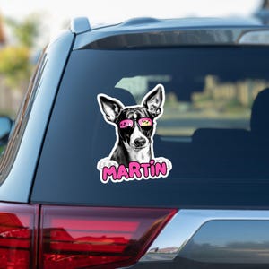 Rat Terrier car window decal, custom peeking black dog head face vinyl waterproof white sticker, gift, sunglasses, personalized name