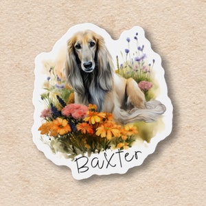 Afgan hound magnet and sticker, custom pet name vinyl flexible fridge magnet, personalized gift for dogs lovers, flower design, memorial zdjęcie 1
