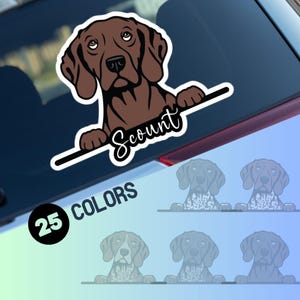Op de afbeelding: Een bruine hondensticker met de naam "Scout" in cursief. De sticker heeft een witte rand en kijkt over een zwarte lijn. De afbeelding toont ook een verscheidenheid aan kleuropties, met de tekst "25 KLEUREN" in een zwarte cirkel.