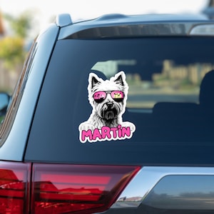 Custom norwich terrier car window decal, peeking pet head face vinyl waterproof white sticker, gift, sunglasses, personalized dog name