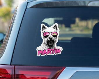 Custom norwich terrier car window decal, peeking pet head face vinyl waterproof white sticker, gift, sunglasses, personalized dog name