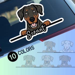 Doberman car window decal, peeking dobie dobe natural ears head face vinyl waterproof sticker, gift dogs lovers, personalised custom name