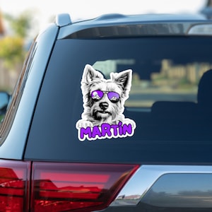 Custom australian terrier car window decal, peeking dog head face vinyl waterproof white sticker, gift, sunglasses, personalized dog name