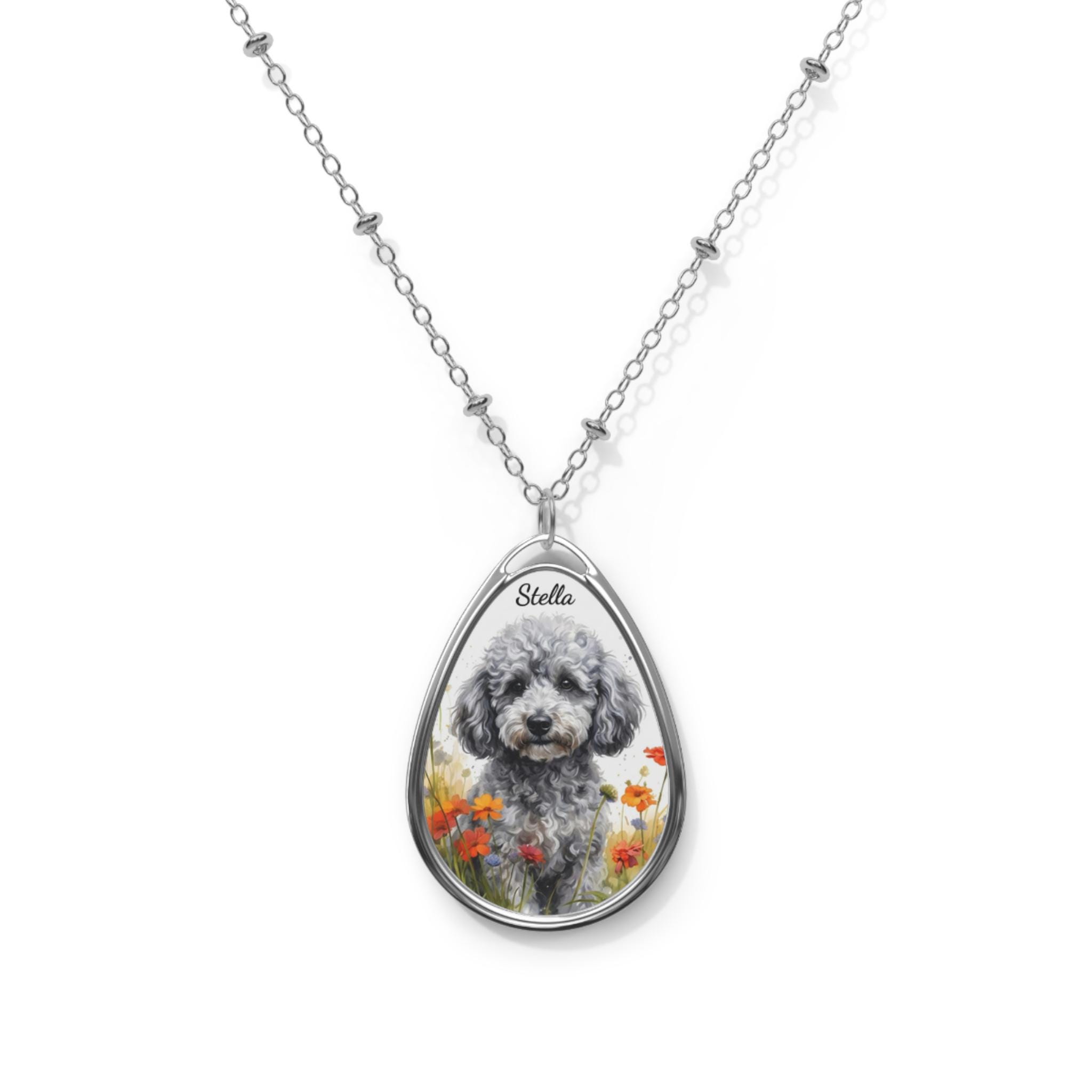 シルバーのトイプードルネックレスペンダント - 犬の名前入り