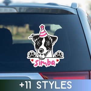 Naklejka na szybę samochodu Jack Russell, spersonalizowane imię psa, zabawny kapelusz imprezowy, spersonalizowana głowa psa, wodoodporna naklejka winylowa, prezent