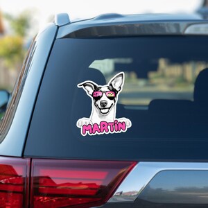 Rat Terrier car window decal, custom peeking rat terrier dog head face vinyl waterproof white sticker, gift, sunglasses, personalized name
