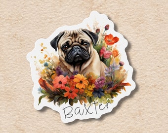 Fawn pug custom magnet and sticker, custom pet name vinyl fridge magnet, personalized gift for dog lover, flowers memorial