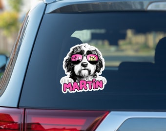 Custom portuguese water dog car window decal, peeking pet head face vinyl waterproof white sticker, gift, sunglasses, personalized dog name