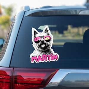 Custom cairn terrier car window decal, peeking cairn head face vinyl waterproof white sticker, gift, sunglasses, personalized dog name
