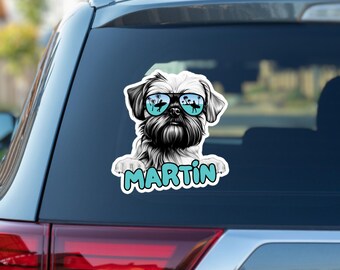 Peut inclure: Un chien noir et blanc portant des lunettes de soleil avec des palmiers reflétés dans les verres. Le chien regarde par-dessus une pancarte bleue et blanche qui dit "MARTIN".