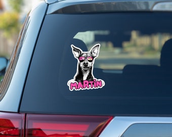 Custom manchester terrier car window decal, peeking pet head face vinyl waterproof white sticker, gift, sunglasses, personalized dog name