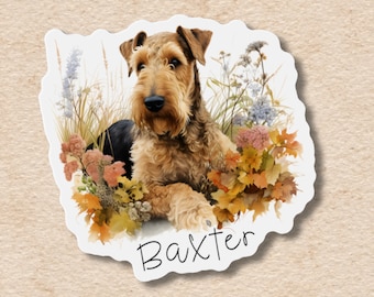 Airedale terrier magnet and sticker, custom pet name vinyl flexible fridge magnet, personalized gift for dog lover, flower design, memorial