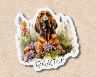 Bloodhound custom magnet and sticker, custom pet name vinyl flexible fridge magnet, personalized gift for dog lover, flowers memorial