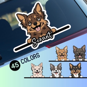 Chihuahua car window decal, peeking long-haired cartoon dog head face vinyl waterproof sticker, gift dogs lovers, personalised custom name
