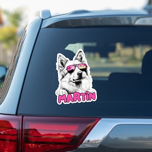 Adesivo personalizzato per finestrino auto con testa di cane da pastore islandese che fa capolino, adesivo bianco impermeabile in vinile, regalo, occhiali da sole, nome personalizzato per cane