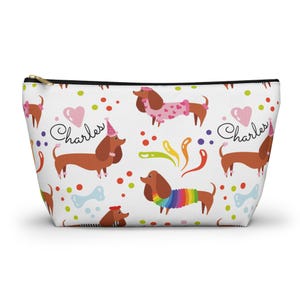 Dachshund pouch, personalized sausage dog treat zipped bag, custom name make up cosmetic travel bag, pencil case, cartoon dog gift