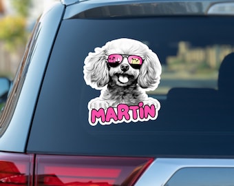 Toy Poodle Car Decal: Waterproof Vinyl Sticker with Sunglasses - Personalized Dog Name