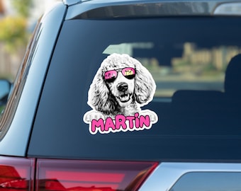 Custom poodle car window decal, peeking poodle head face vinyl waterproof white sticker, gift, sunglasses, personalized dog name