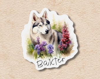 Aimant et autocollant personnalisés husky sibérien, aimant de réfrigérateur en vinyle avec nom d'animal de compagnie personnalisé, cadeau personnalisé pour amoureux des chiens, mémorial de fleurs