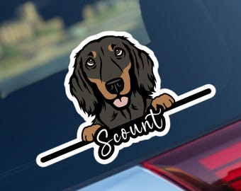 Dachshund car decal, personalized long haired doxie sticker, custom pet name window gift