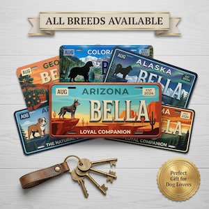 Puede incluir: Una colección de placas de matrícula con perros, con el texto "ALL BREEDS AVAILABLE". Las placas tienen fondos temáticos de estados y el nombre "BELLA". Un llavero de cuero y llaves están en primer plano, con una moneda de oro que dice "Perfect Gift for Dog Lovers."