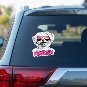 Pode incluir: Cão branco usando óculos de sol rosa com uma cena de praia refletida nas lentes. O cão está olhando para a câmera e tem uma expressão feliz. O texto "MARTÍN" está escrito em rosa abaixo do cão.