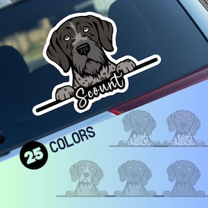 May include: A sticker featuring a German Shorthaired Pointer dog with the name "Scout" in a script font. The dog is black and white, with a sad expression. The sticker is on a car window. The image also shows a selection of color options.
