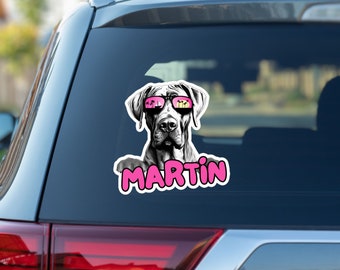 Custom great dane car window decal, peeking great dane head face vinyl waterproof white sticker, gift, sunglasses, personalized dog name