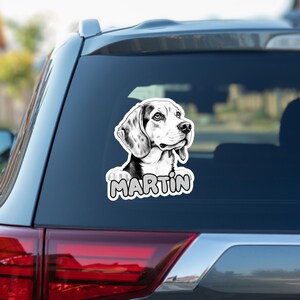 Custom beagle car window decal, peeking pet head face vinyl waterproof white sticker, gift, sunglasses, personalized dog name