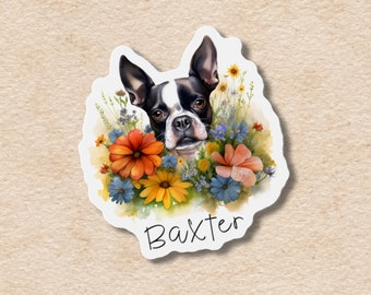 Aimant et autocollant personnalisés Boston terrier, aimant flexible pour réfrigérateur en vinyle avec nom d'animal de compagnie personnalisé, cadeau personnalisé pour amoureux des chiens, mémorial fleurs