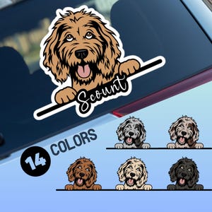Golden doodle car window decal, peeking cartoon labra berne head face vinyl waterproof sticker, gift dogs lovers, personalised custom name