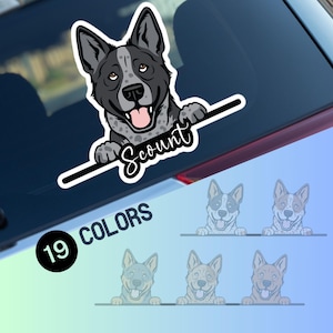 Australischer Rinderautofensteraufkleber, blauer roter heeler Kopfgesicht Vinyl wasserdichter Aufkleber, Geschenkhundeliebhaber, personalisierter benutzerdefinierter Name