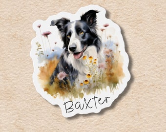 Aimant et autocollant personnalisés border collie, aimant flexible pour réfrigérateur en vinyle avec nom d'animal de compagnie personnalisé, cadeau personnalisé pour amoureux des chiens, mémorial fleurs