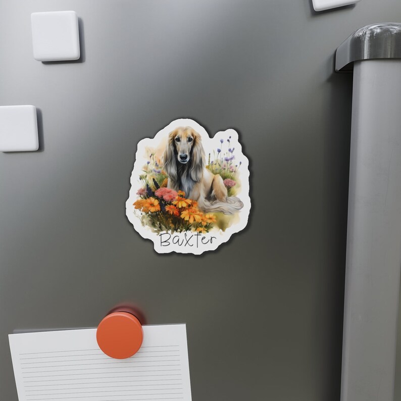 Afgan hound magnet and sticker, custom pet name vinyl flexible fridge magnet, personalized gift for dogs lovers, flower design, memorial zdjęcie 2