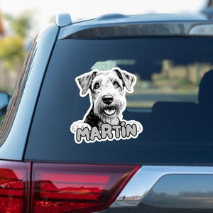 Custom airdale terrier car window decal, peeking airedale head face vinyl waterproof white sticker, gift, sunglasses, personalized dog name