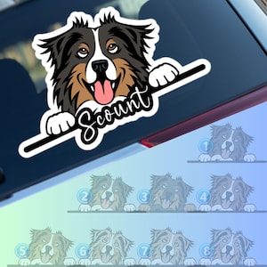 Australian shepherd car window decal, peeking cartoon aussie head face vinyl waterproof sticker, gift dogs lovers, personalised custom name