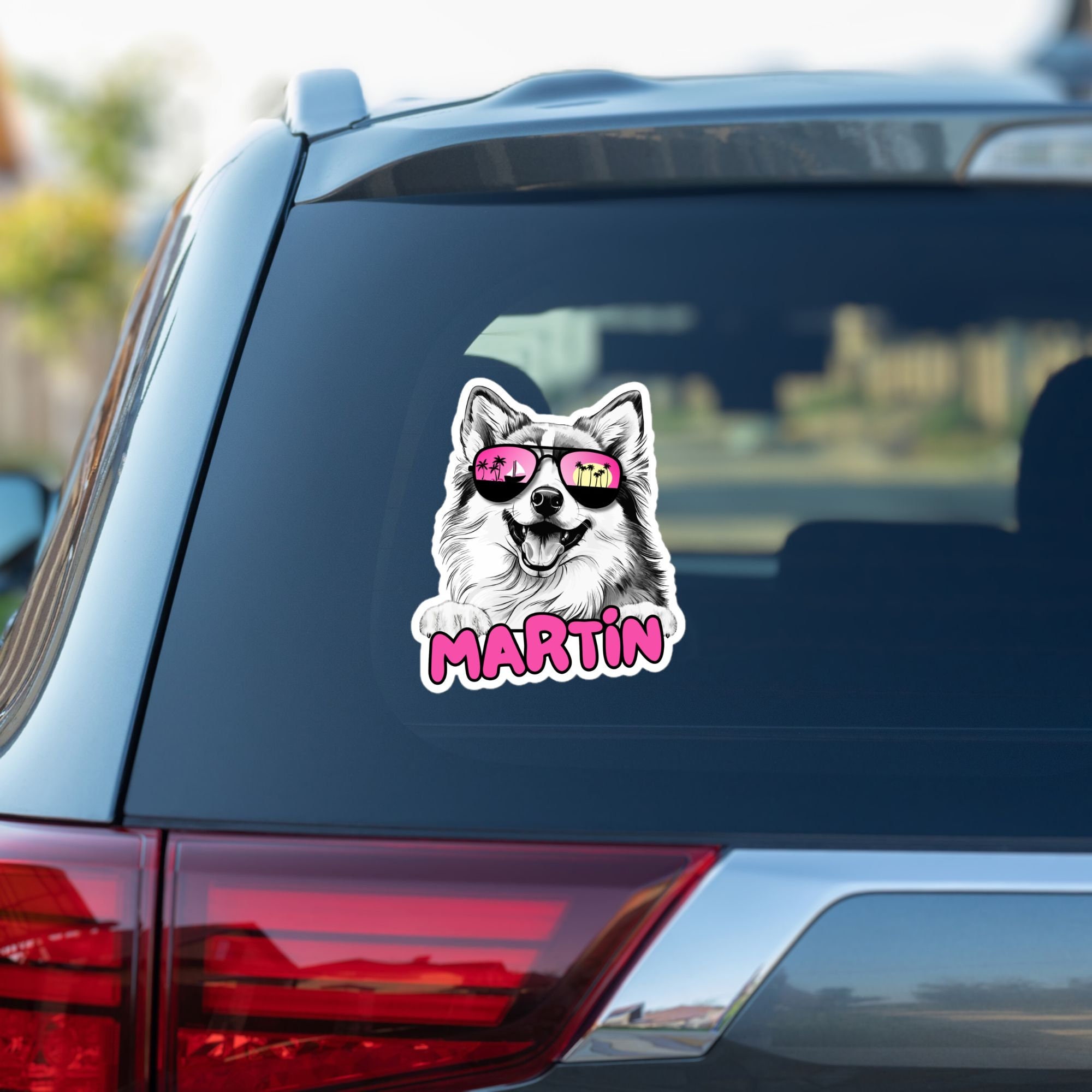 Custom pomsky car window decal, peeking pomsky pet head face vinyl waterproof white sticker, gift, sunglasses, personalized dog name