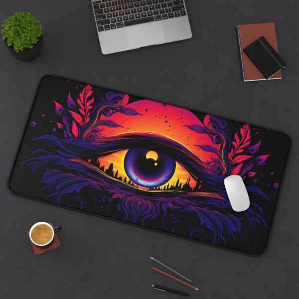 Galactic Eye Gaming Mouse Pad, Synthwave Style, Eye On The City, Desk Mat, Gaming Mat, Synthwave Neon Eye, Neon Noir Eye