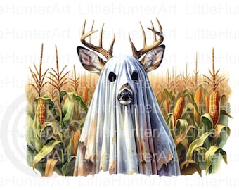 May include: A white ghost-like figure with a deer head and antlers stands in a field of corn stalks. The ghost is partially obscured by the corn stalks, and the deer's eyes are visible through the ghost's sheet.