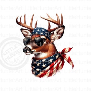 May include: A cartoon illustration of a deer wearing sunglasses and a bandana with the American flag pattern. The deer is looking to the left.